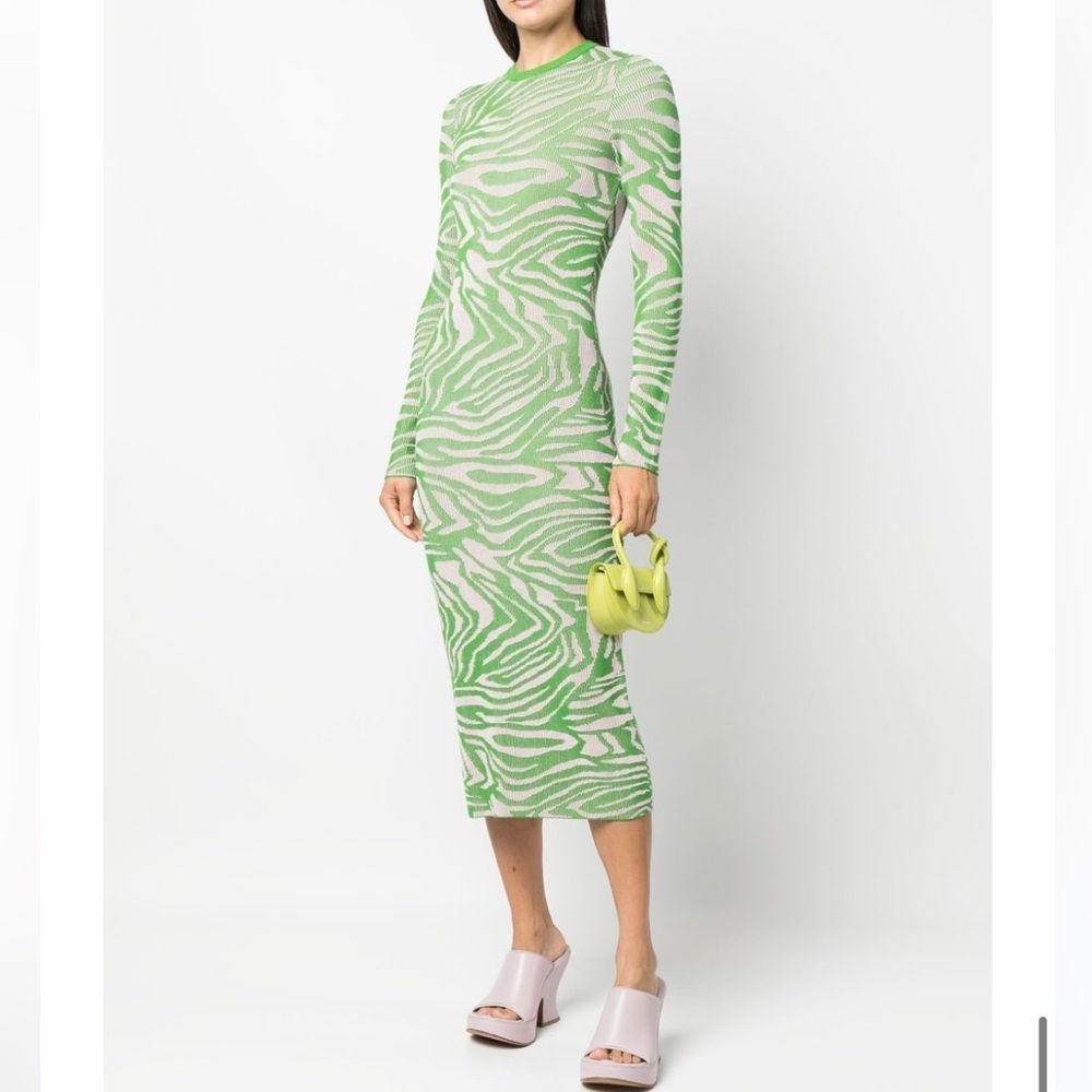 Stine Goya Chiara Knit Midi Dress Pastel Green Abstract Print Ribbed Size XXS